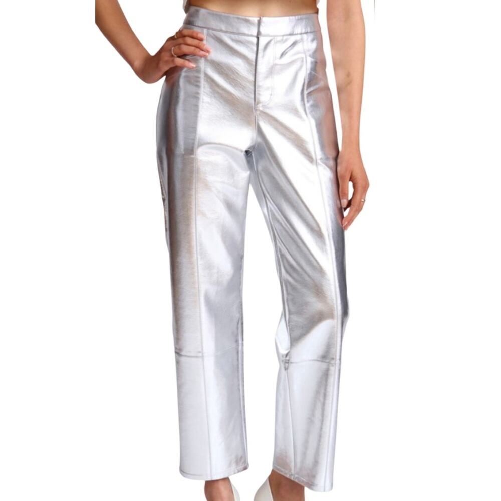 Avec Les Filles Faux Leather High Waist Crop Wide Leg Pants - Metallic Silver S